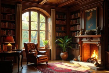 A sunlit library with a leather armchair, bookshelves filled with volumes, a fireplace with a warm fire, and an ornate wooden mantelpiece.