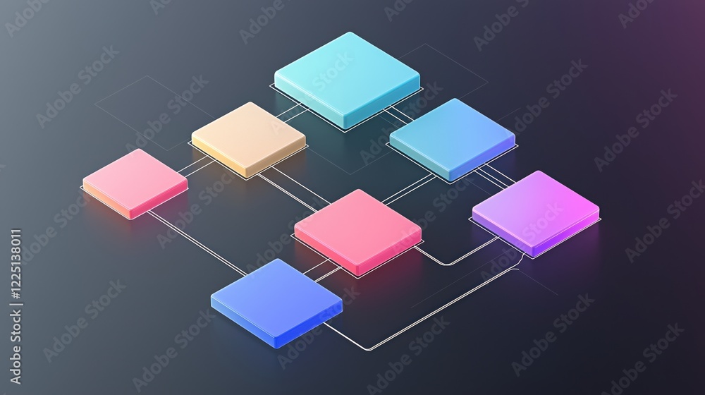 Poster colorful isometric blocks connected by lines on dark background abstract arrangement
