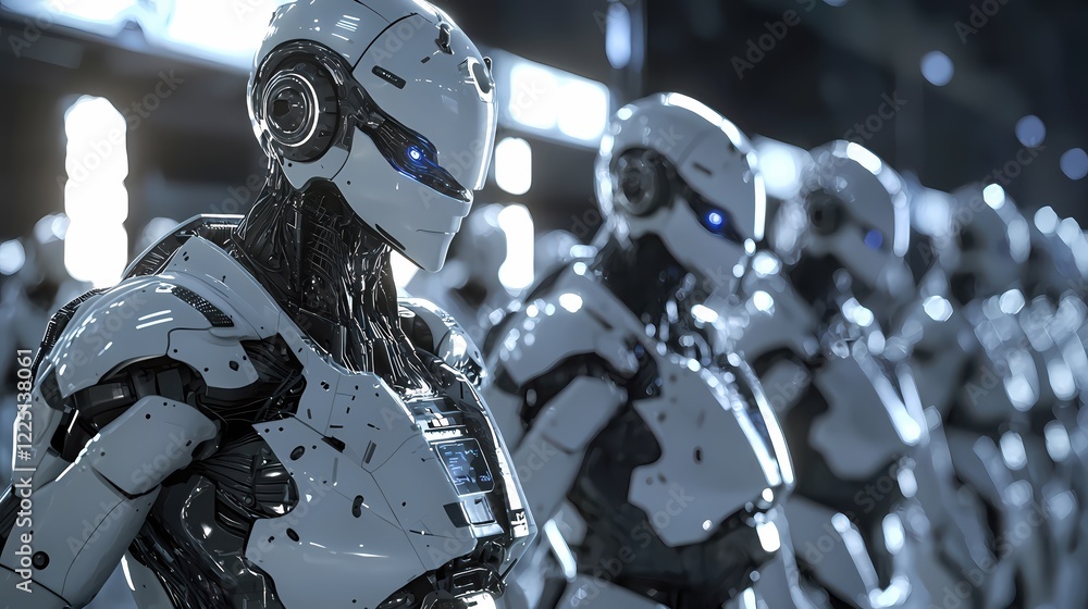 Poster futuristic robots standing in a modern factory setting