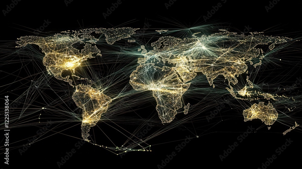 Poster world map with glowing connections illustrating global network and data flow on black background