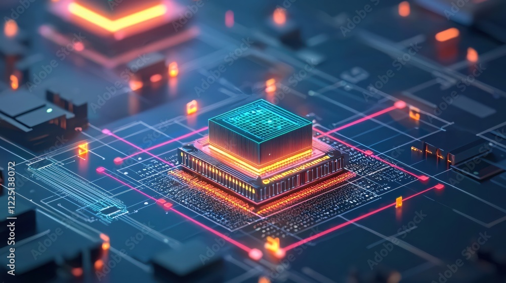 Poster glowing circuit board with central processor unit and light trails in a futuristic style