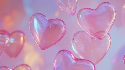 Fototapeta premium Floating pink heart-shaped hologram stickers against a soft pink background, creating a dreamy atmosphere