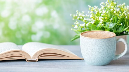 Cozy morning scene with open book, coffee mug, and fresh flowers on wooden table