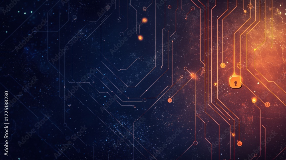 Poster abstract circuit board with glowing lines and keyhole symbol on a dark textured background