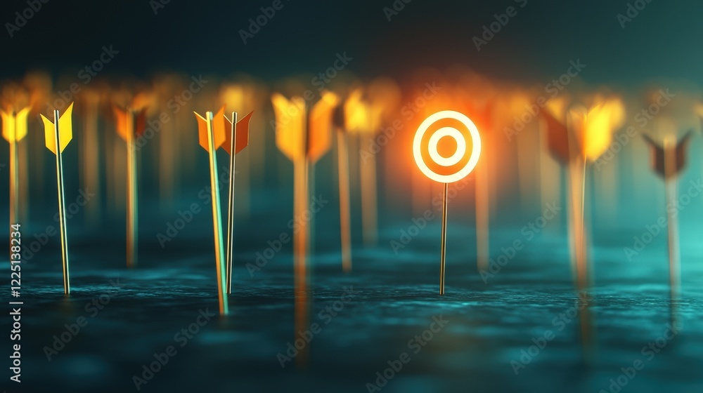 Poster multiple arrows converging on a single glowing target symbol