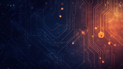 Abstract circuit board with glowing lines and keyhole symbol on a dark textured background