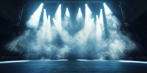 Dramatic stage lighting with fog creates an atmosphere perfect for concerts, theater productions, and events. Ideal for promotional materials and event advertising.