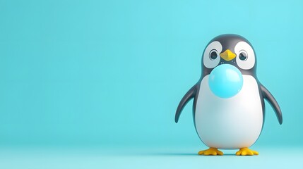 Fototapeta premium Cute Cartoon Penguin Blowing a Blue Bubble on Aqua Background
