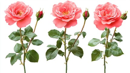 Three Graceful Coral Roses with Buds on White Background