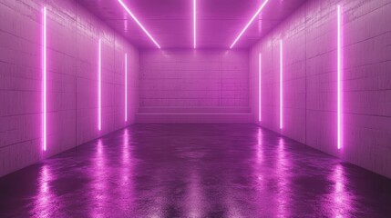 Fototapeta premium Reflective floor, purple neon lights illuminate a sleek, modern concrete room. The vibrant pink glow casts reflections on the polished surface