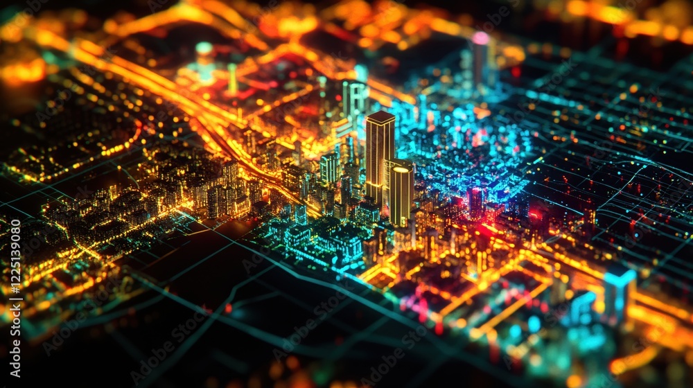 Poster abstract aerial view of city with glowing lights and network lines in a dark setting