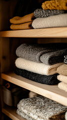 Neatly Stacked Winter Coats in a Wooden Closet