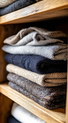 Neatly Stacked Winter Coats in a Wooden Closet