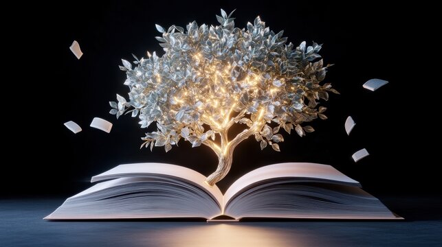 Silver tree with glowing lights growing from open book