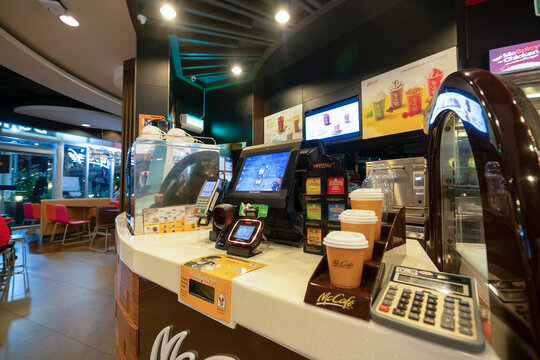 Bangkok, Thailand - January 24, 2020: close up shot of a McCafe counter at McDonald's fast food restaurant.