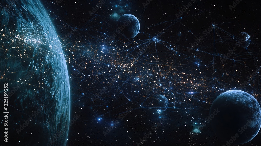 Poster cosmic network of planets and stars with glowing connections in a dark space background