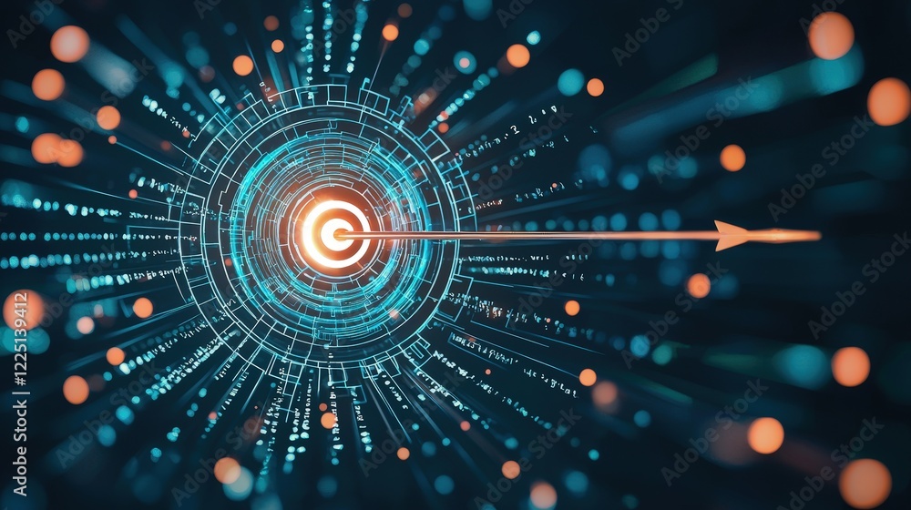Poster multiple arrows converging on a single glowing target symbol