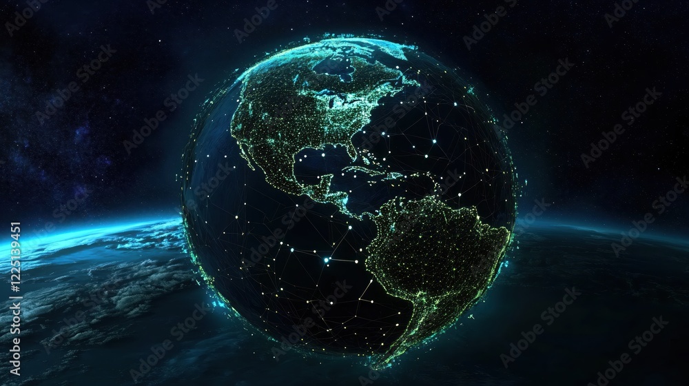 Poster glowing earth globe with network connections in space showing global data and communication