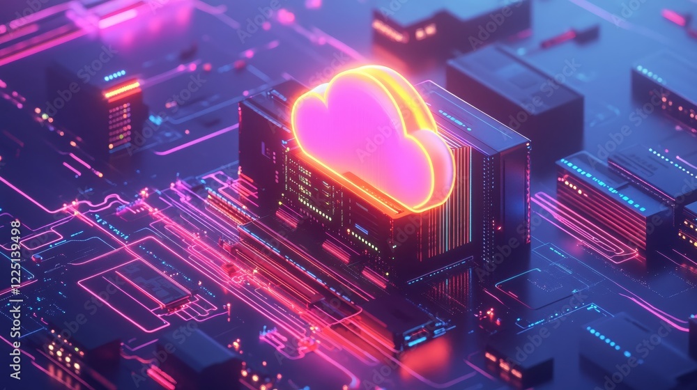 Poster glowing cloud icon on server racks with neon lines and lights in a futuristic scene