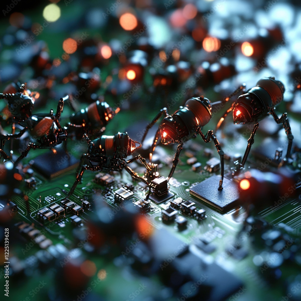 Aufkleber robotic ants crawling on a green circuit board with glowing red lights in a dark environment