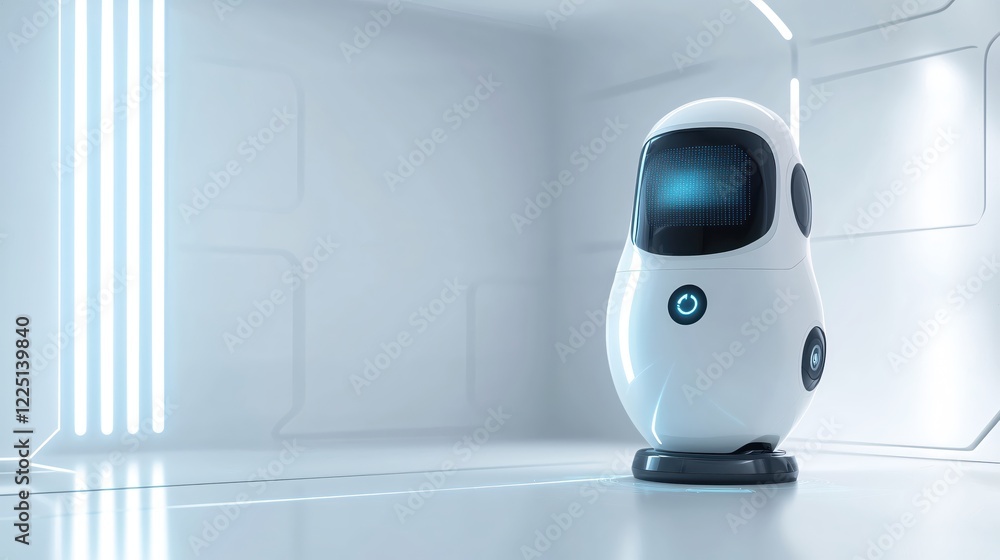 Poster white robot in modern room with glowing lights and screen in a futuristic setting