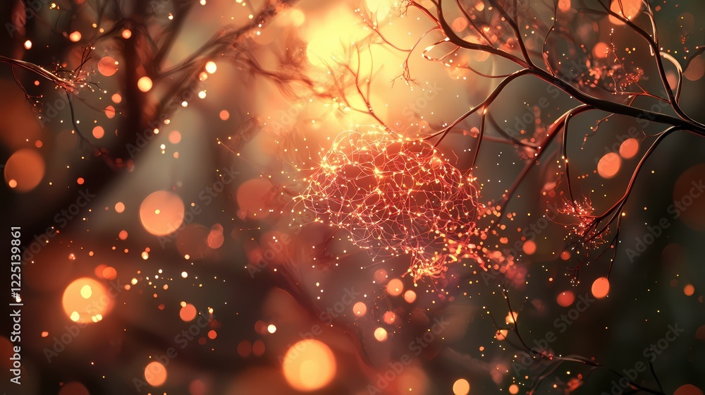 Aufkleber abstract glowing network with bokeh light effect in warm tones and dark branches