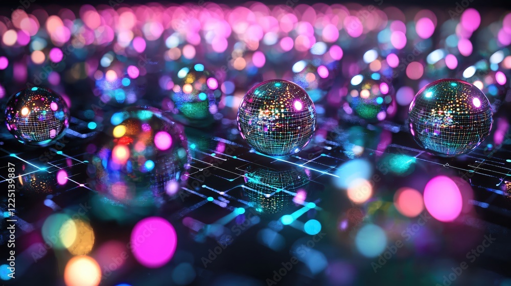 Aufkleber disco ball array with bright bokeh lights creates a vibrant and festive abstract pattern
