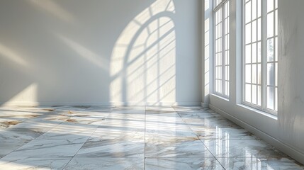 Obraz premium White empty wall background mock up copy space with light marble floor, minimal and clean, beautiful lighting and shadow