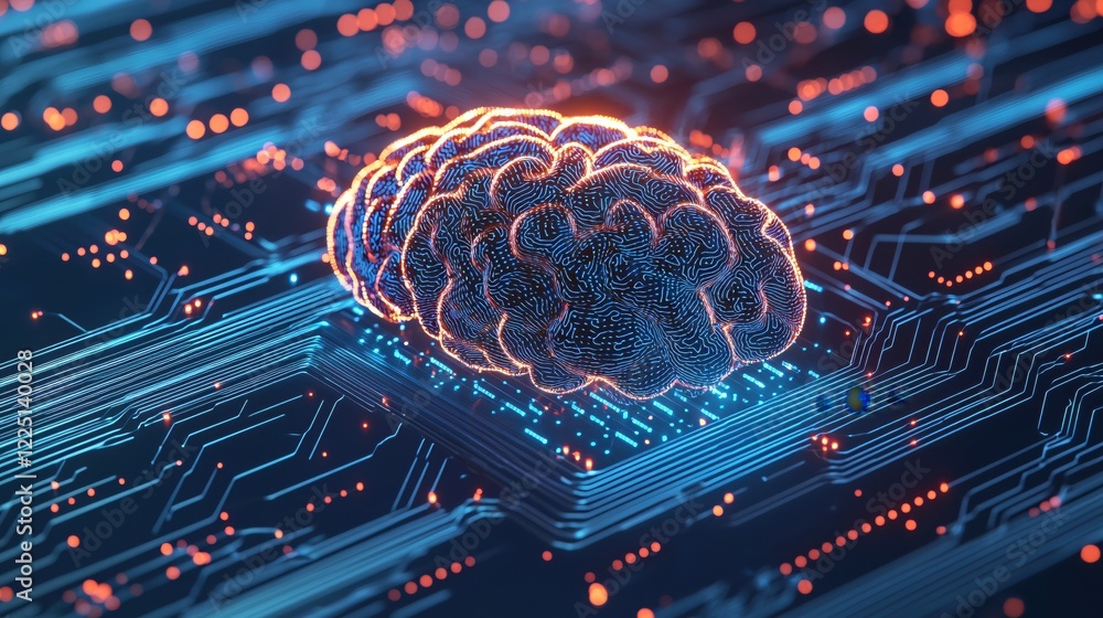 Poster glowing brain on circuit board with orange and blue lights representing artificial intelligence