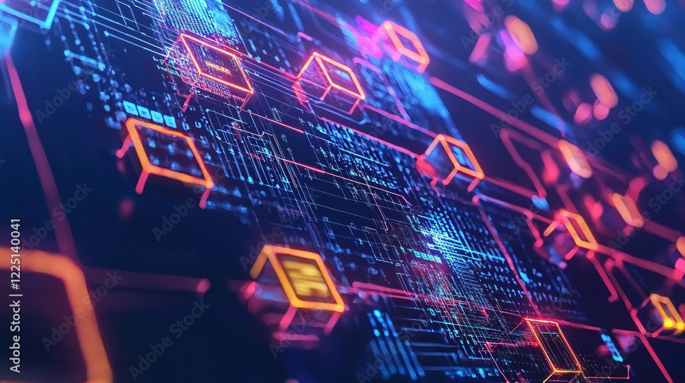 Aufkleber abstract digital network with glowing cubes and lines on a dark blue background technology concept