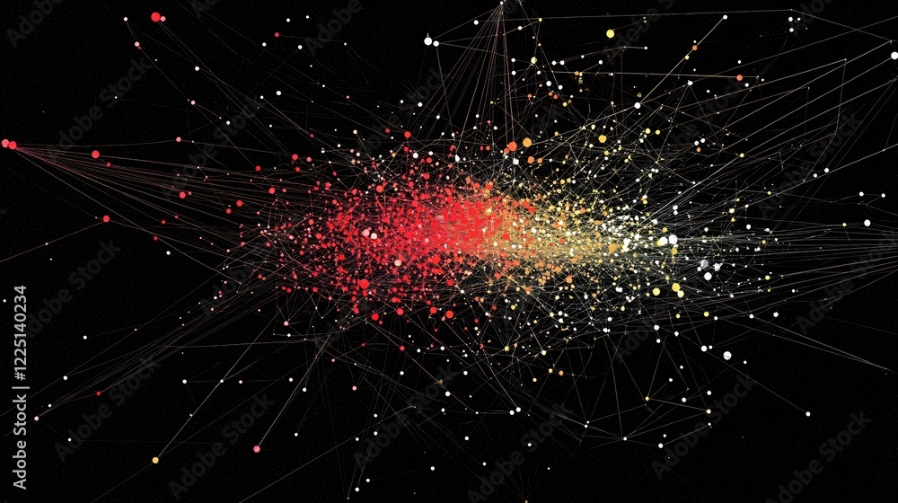 Poster abstract network of connected dots with red to yellow gradient on black background