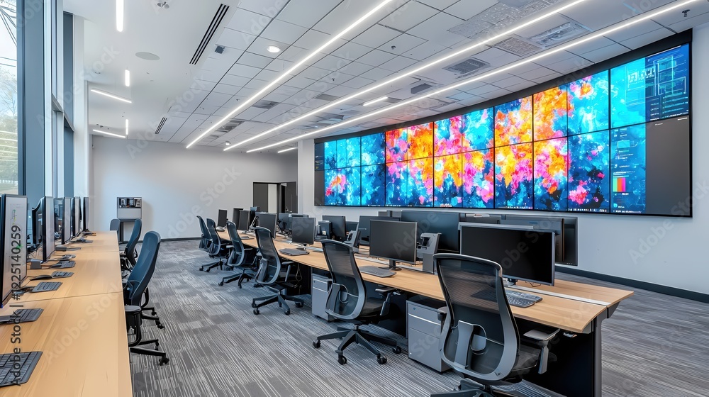 Poster modern office space with large screen and computer desks in a bright and spacious room