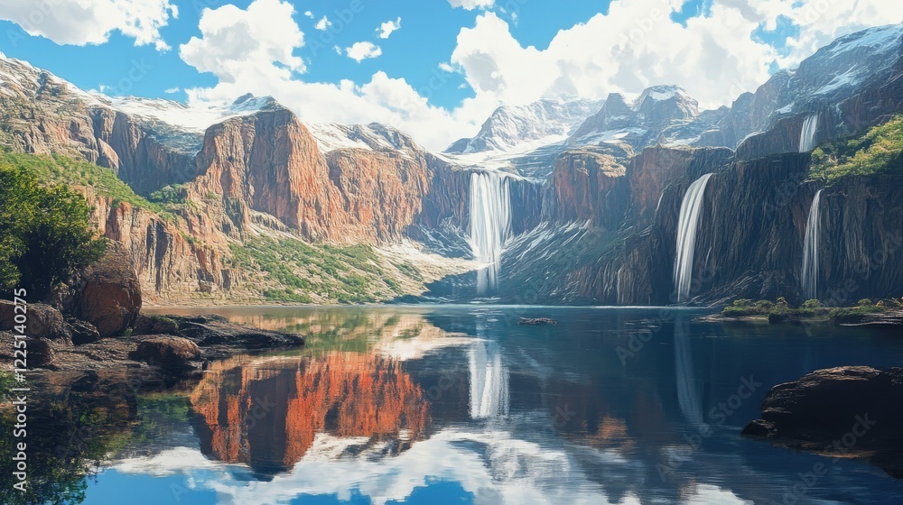 Poster high-altitude mountain lake with still waters reflecting the surrounding cliffs and cascading stream