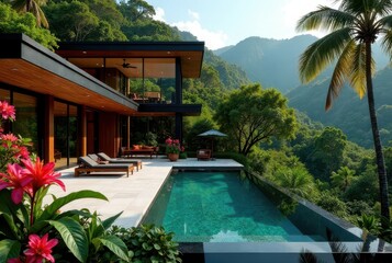 Modern hillside home with infinity pool and lush tropical landscaping offers breathtaking panoramic views