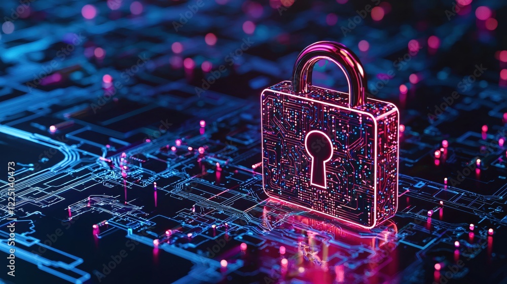 Aufkleber digital security concept with glowing padlock on abstract circuit board background