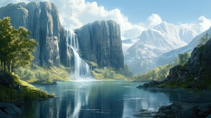 High-altitude mountain lake with still waters reflecting the surrounding cliffs and cascading streams