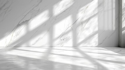 White empty wall background mock up copy space with light marble floor, minimal and clean, beautiful lighting and shadow