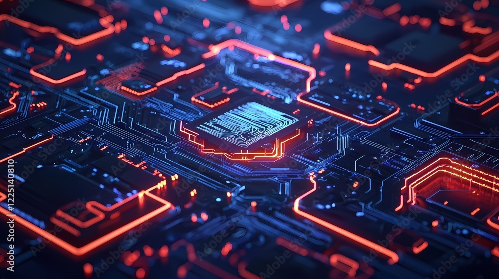 Poster glowing circuit board abstract technology background with red and blue lines and light