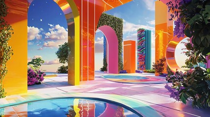Colorful architectural arches and pools with bright sky and lush plants in a surreal scene