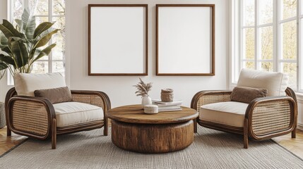 Cozy Living Room with Natural Decor and Empty Picture Frames