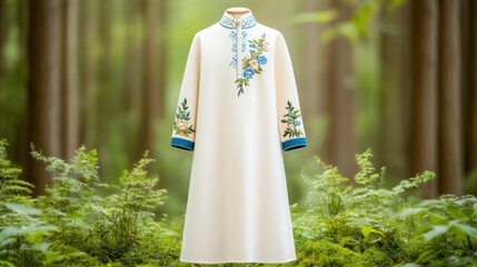 Embroidered traditional dress in forest setting: a fusion of nature and fashion