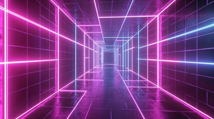 Glowing neon tunnel with geometric lines and reflective floor in a futuristic setting