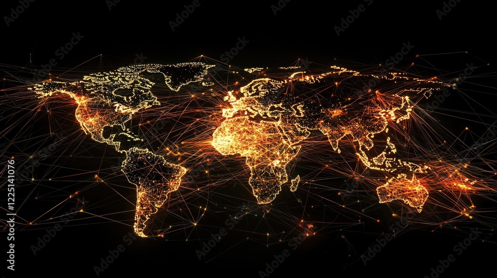 Poster global network connections world map with glowing lines on a dark background digital art