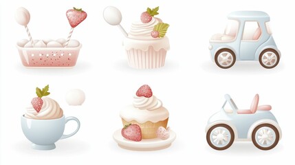 Colorful illustrations of desserts and a toy car, featuring strawberries, cupcakes, and ice cream, creating a playful and sweet atmosphere.