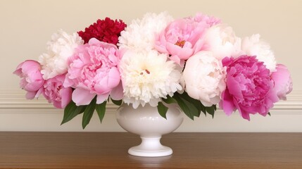 Fototapeta premium Elegant peony bouquet in white vase on wooden surface