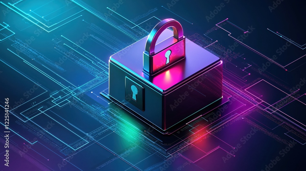 Aufkleber secure digital data protection with padlock on circuit board in glowing neon colors