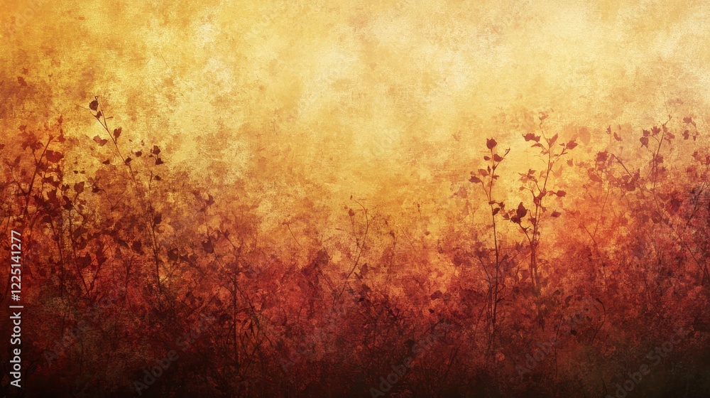 Wall mural Abstract landscape image featuring a textured background in warm autumnal tones of gold, orange, and brown. Silhouetted plants are visible against