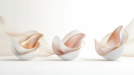 Elegant ceramic shells with soft, shimmering interiors, arranged artfully against a minimalistic backdrop, exuding sophistication and tranquility.