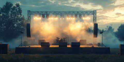 A captivating view of a concert stage illuminated by lights and enveloped in fog, perfect for promoting music festivals, concerts, and outdoor events.
