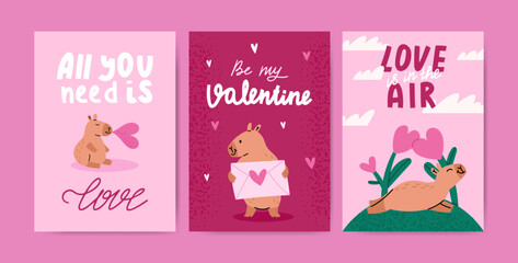 Valentines day cards set with capybaras